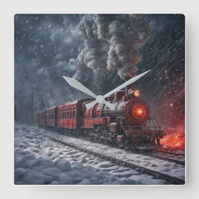 Vintage Snow Train Square Wall Clock (Front)