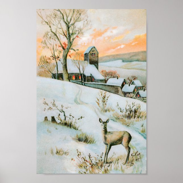 Vintage snow winter landscape with deer  poster (Front)