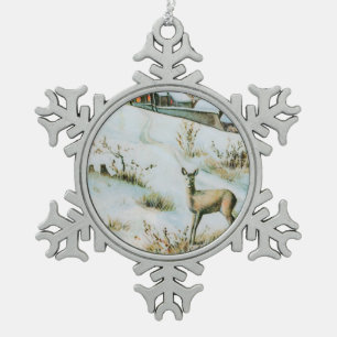 Vintage snow winter landscape with deer  snowflake pewter christmas ornament