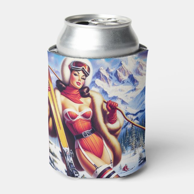 Vintage Snowboard Pin-Up Can Cooler (Can Front)