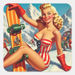 Vintage Snowboard Pin Up Square Sticker