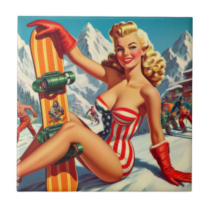 Vintage Snowboard Pin Up Tile