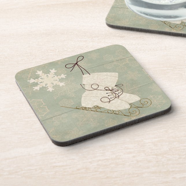 Vintage snowflake ice skates cute rustic winter coaster (Left Side)