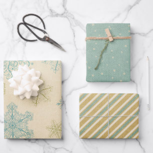Vintage snowflake winter rustic pattern teal cream wrapping paper sheet