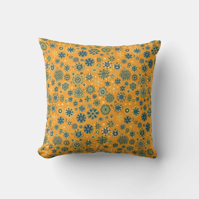 Vintage Snowflakes on Yellow Throw Pillow (Front)