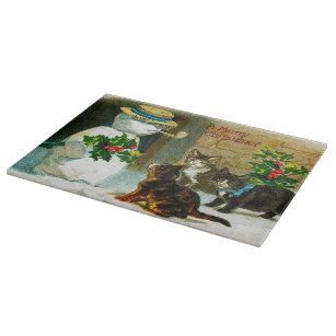 Vintage Snowman and cats glass cutting board