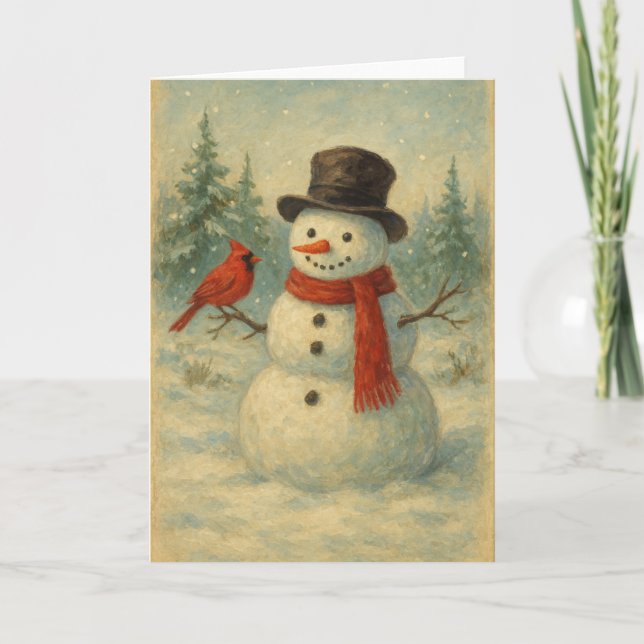 Vintage Snowman and Red Bird Christmas Card (Front)
