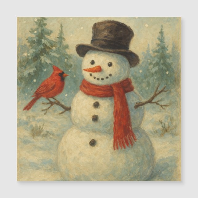 Vintage Snowman and Red Bird Christmas Card (Front)