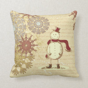 Vintage snowman and snowflakes throw pillow