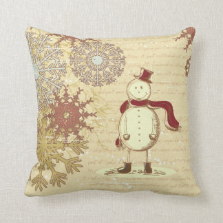 Vintage snowman and snowflakes throw pillow