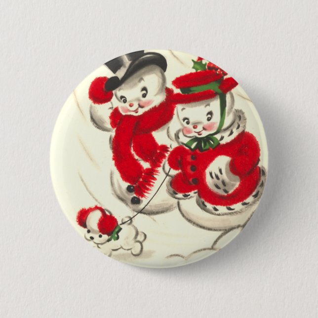 Vintage Snowman and Snowwoman Round Button (Front)