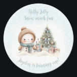 Vintage Snowman Blue Christmas 1st Birthday Classic Round Sticker<br><div class="desc">Cute Christmas Birthday stickers with an adorable snowman and Christmas tree in blue with vintage vibes. Easily personalize the text. You can use it not just for 1st Birthday. :) - Kate Eden Art</div>