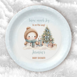 Vintage Snowman Blue Christmas Boy Baby Shower Paper Plate