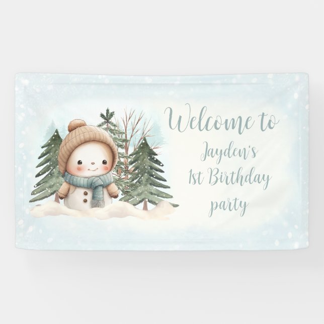 Vintage Snowman Blue Winter 1st Birthday Banner (Horizontal)