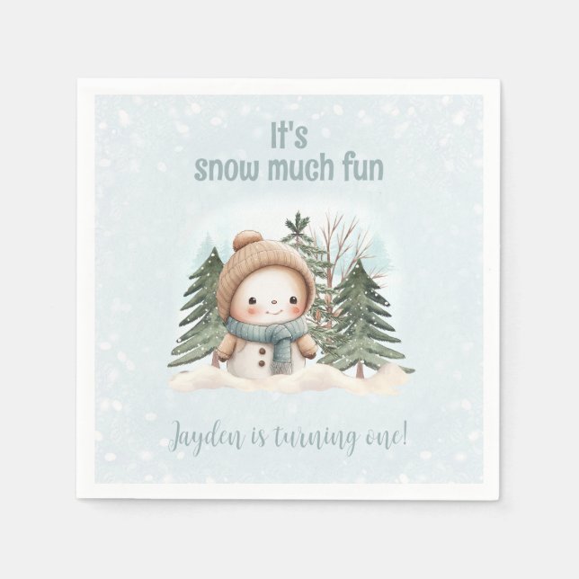 Vintage Snowman Blue Winter First Birthday Napkins (Front)