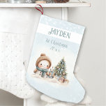 Vintage Snowman Boy Blue 1st Christmas Stocking<br><div class="desc">Cute Christmas stocking for boys with an adorable snowman and Christmas tree in blue with vintage vibes. Easily personalize the text and you can use it not just for first Christmas. :) - Kate Eden Art</div>