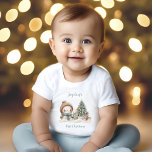 Vintage Snowman Boy Blue First Christmas Name Baby T-Shirt<br><div class="desc">Cute First Christmas or 1st Christmas Birthday baby t-shirt with an adorable snowman and Christmas tree in blue with vintage vibes. Easily personalize the text. :) - Kate Eden Art</div>