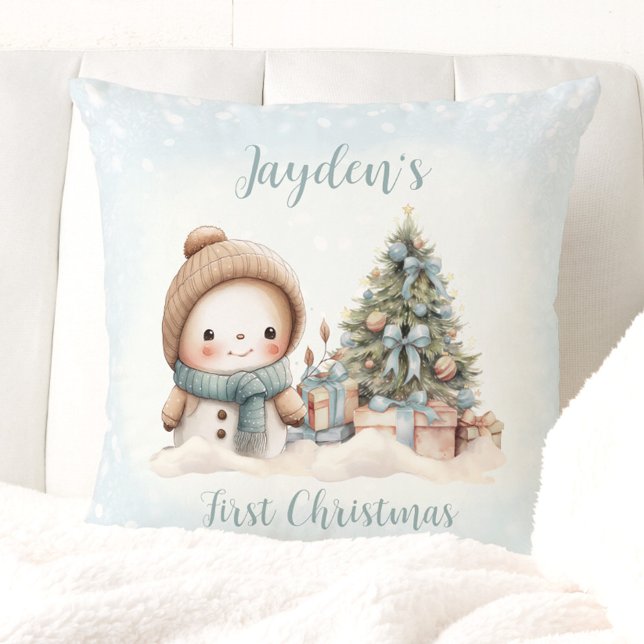 Vintage Snowman Boy Blue Premier Coussin de Noël (Vintage Snowman Boy Blue First Christmas Pillow)