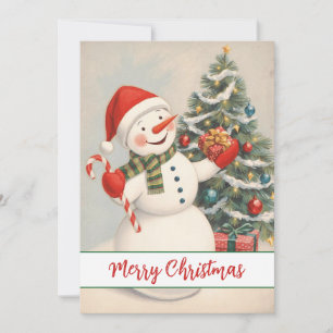 Vintage Snowman Candy Cane Cheerful Christmas Holiday Card