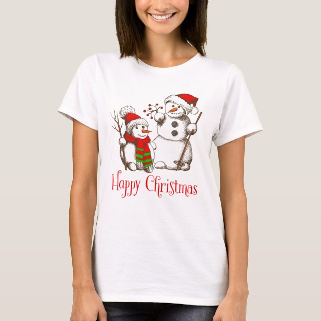 Vintage Snowman Christmas and Happy Christmas T-Shirt (Front)