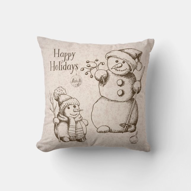 Vintage Snowman Christmas and Holiday Throw Pillow (Front)
