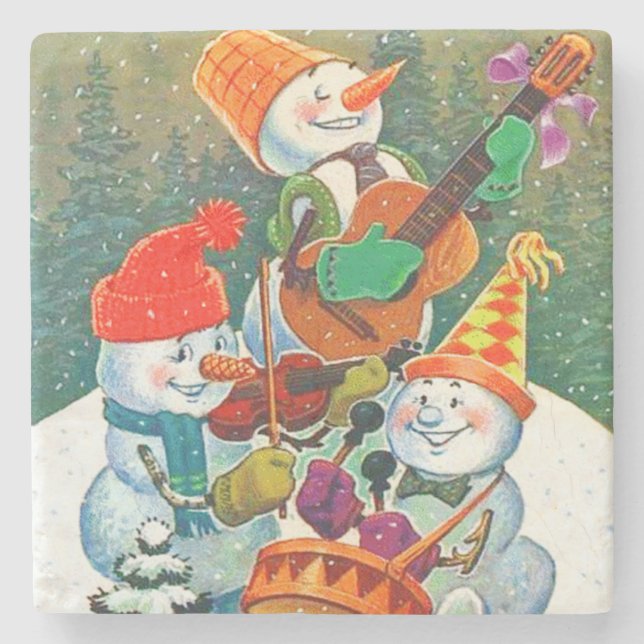 Vintage Snowman Christmas Band Stone Coaster (Front)
