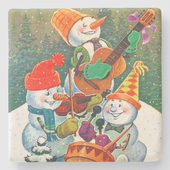 Vintage Snowman Christmas Band Stone Coaster (Front)