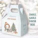 Vintage Snowman Christmas Boy Baby Shower Small Favor Box<br><div class="desc">Cute Christmas Boy Baby Shower small gable favour boxes featuring a lovely snowman,  Christmas tree with gifts and snow in blue,  with vintage vibes. You can choose from 3 sizes of these gable favour boxes  - Kate Eden Art</div>