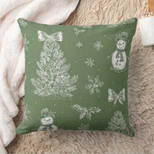 Vintage Snowman Christmas Toile Sage Green White Throw Pillow