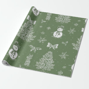 Vintage Snowman Christmas Toile Sage Green White Wrapping Paper