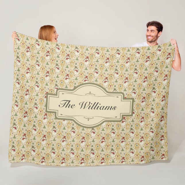 Vintage Snowman & Christmas Tree Custom Fleece Blanket (In Situ)