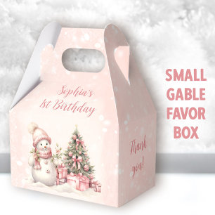 Vintage Snowman Girl Pink Christmas 1st Birthday Favor Box