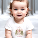 Vintage Snowman Girl Pink First Birthday T-shirt<br><div class="desc">Cute winter First Birthday baby t-shirt with an adorable snowman in the forest in blush pink with vintage vibes. Easily personalize the text. :) - Kate Eden Art</div>
