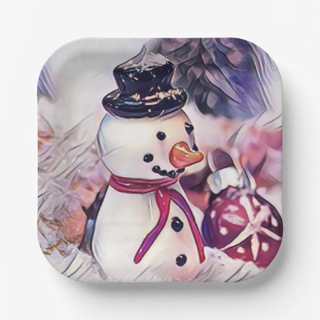 Vintage Snowman in the Snow Drawing  Paper Plate (Front)