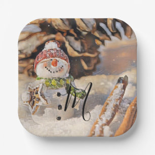 Vintage Snowman in the Snow watercolor Paper Plate