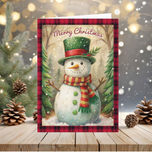 Vintage Snowman Merry Christmas Buffalo Plaid Holiday Card