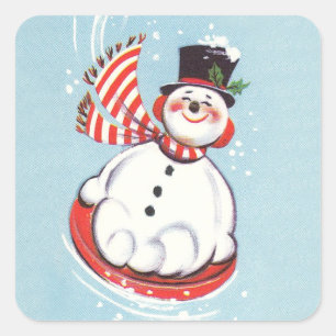 Vintage Snowman on Snow Disc Square Sticker