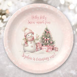 Vintage Snowman Pink Christmas First Birthday Paper Plate<br><div class="desc">Cute Christmas Birthday paper plates with an adorable snowman and Christmas tree in blush pink with vintage vibes. Easily personalize the text. You can use it not just for 1st Birthday. :) - Kate Eden Art</div>