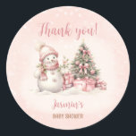Vintage Snowman Pink Christmas Girl Baby Shower Classic Round Sticker<br><div class="desc">Cute Christmas girl baby shower stickers with an adorable snowman and Christmas tree in blush pink with vintage vibes. Easily personalize the text - Kate Eden Art</div>