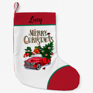 Vintage Snowman & red car Small Christmas Stocking