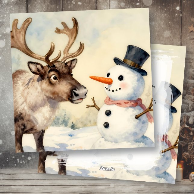 Vintage Snowman & Reindeer Personalized Christmas Holiday Card (Creator Uploaded)