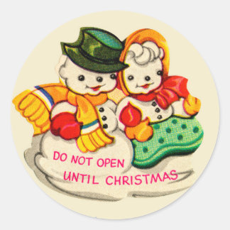Vintage Snowman & Snow Woman "Do Not Open" Classic Round Sticker
