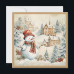 Vintage Snowman Snowy Village Christmas Holiday<br><div class="desc">Bring home the magic of a winter wonderland with this charming Christmas card featuring a hand-painted snowman in a vintage red hat, surrounded by snow-covered trees, cozy village homes, and festive holly berries. With its nostalgic style and warm colour palette, this holiday card is perfect for sharing heartfelt wishes with...</div>