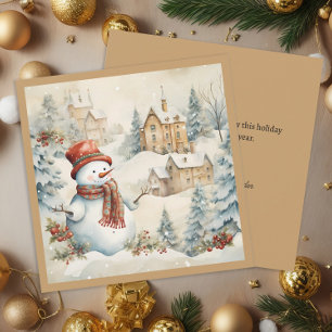 Vintage Snowman Snowy Village Christmas Holiday Card