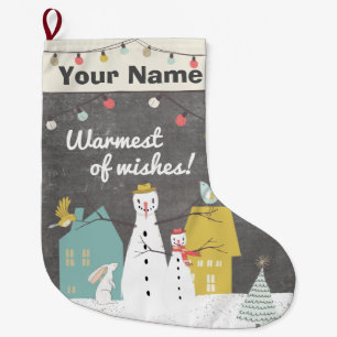 Vintage Snowman   Warmest of Wishes Monogram Large Christmas Stocking