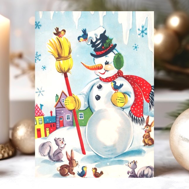 Vintage Snowman With Animals Christmas Holiday Card (Creator Uploaded)