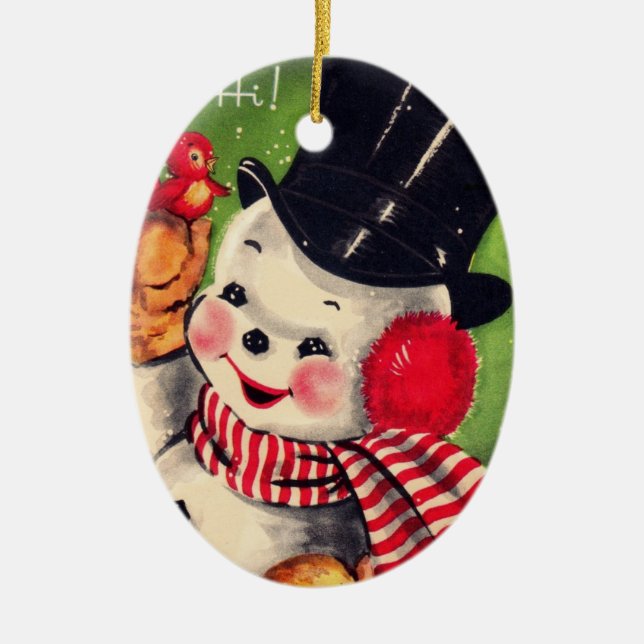 Vintage Snowman with Red Bird Ceramic Ornament (Front)