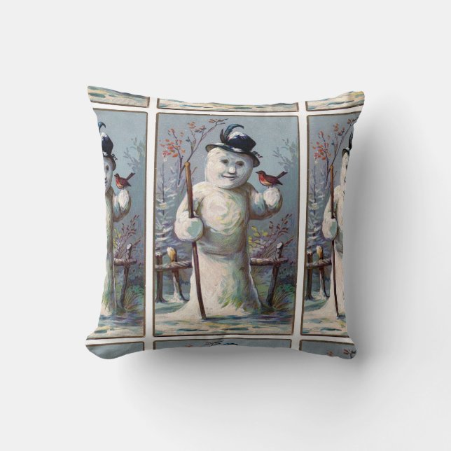 Vintage Snowman with Robin Pattern Throw Pillow (Front)