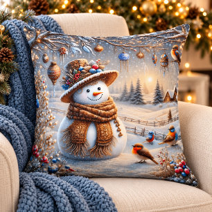 Vintage Snowman Woodland Christmas Throw Pillow