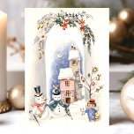 Vintage Snowmen Angel Boy Courier Christmas Holiday Card<br><div class="desc">Vintage Snowmen Angel Boy Courier Christmas Holiday Car. This design features two snowmen and an angel boy courier. What a beautiful retro holiday scene. Personalize this custom design with your own inside greeting.</div>